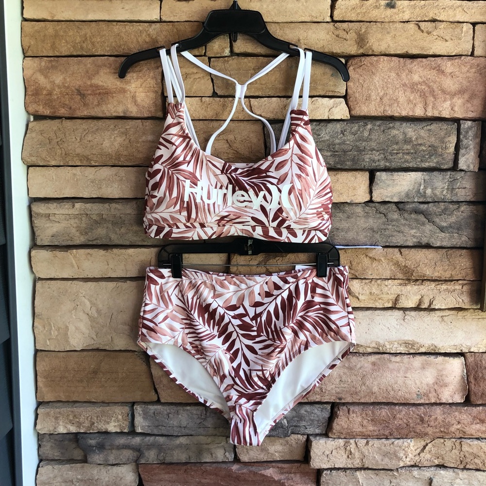 Hurley logo orange cream tropical print bikini swimsuit NWT 1X